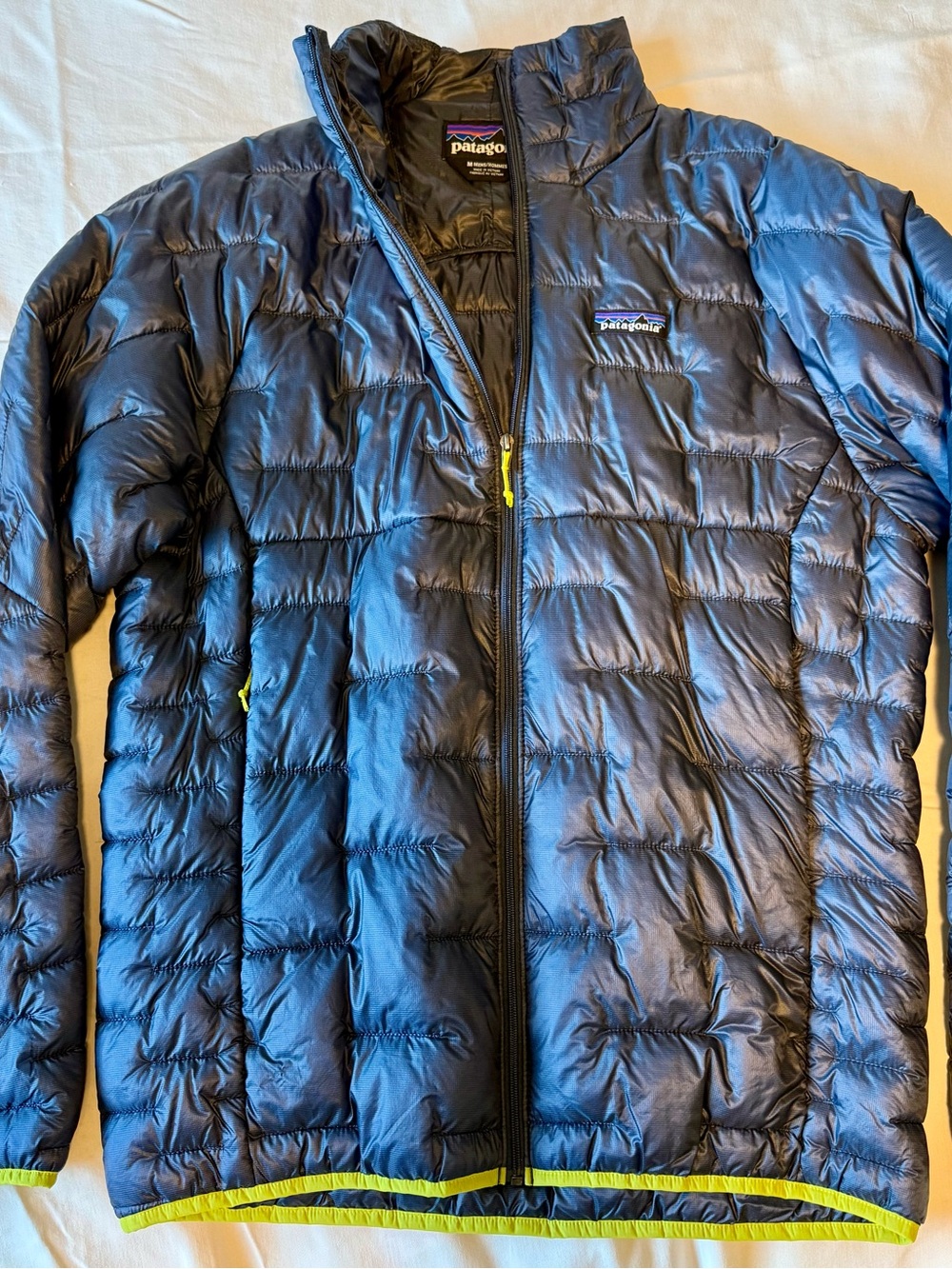 Patagonia Men’s Navy Puffer Jacket with Lime Trim